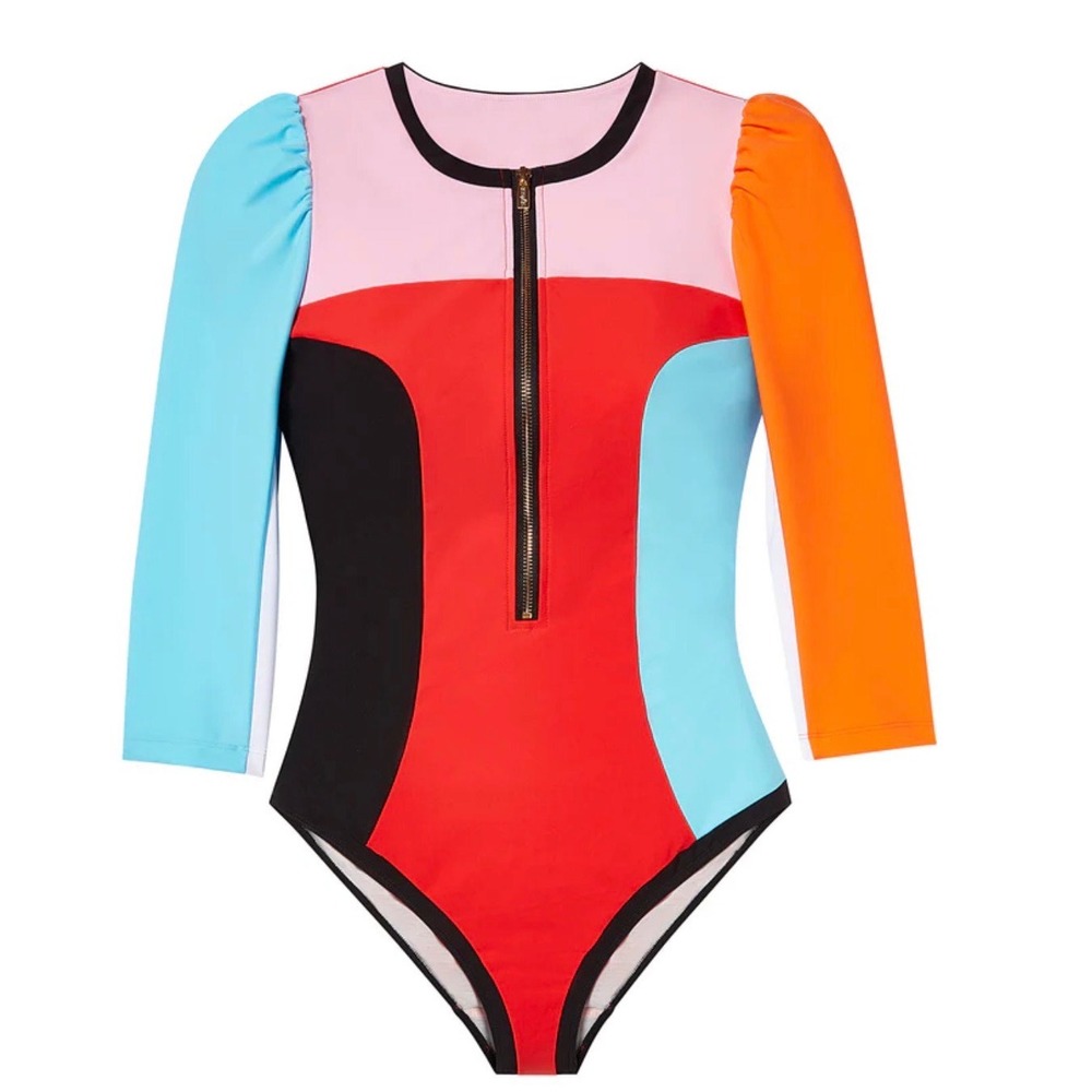 Stylest | DreamSculpt Multi PuffSleeve Zip Swimsuit L Multicolor Colorblock $328 - Picture 5 of 9